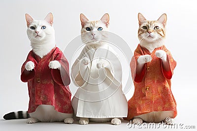 Feline Tai Chi Masters: Three Cats in Human Tunics Practicing on White Background. Stock Photo