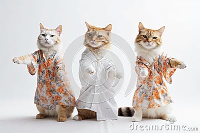 Feline Tai Chi Masters: Three Cats in Human Tunics Practicing on White Background. Stock Photo
