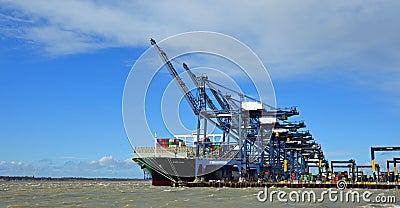 Large Container Ship `Ever Given` being loaded at Felixstowe Port. Editorial Stock Photo