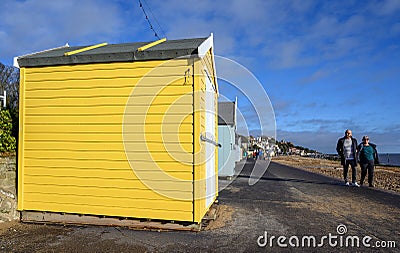 Felixstowe, Suffolk, UK : Bright yellow beach hut Editorial Stock Photo