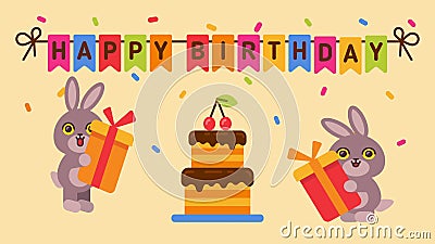 Feliz aniversário. bolo com cereja. dois coelhos segurando caixa de presentes e saltando. placa de vídeo de saudação Feliz aniversário. bolo com cereja. dois coelhos segurando caixa de presentes e saltando. placa de vídeo de saudação