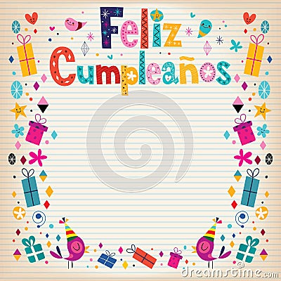 Feliz Cumpleanos - Happy Birthday in Spanish border lined paper retro card Vector Illustration