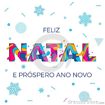 Feliz Natal Merry Christmas Portuguese greeting card vector papercut multi color layers Vector Illustration