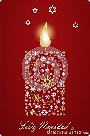 Feliz Navidad candle vector with snowflakes, stars and spanish greetings. Vector Illustration