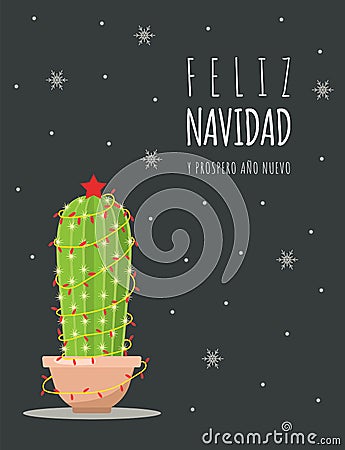 Feliz navidad card with cute christmas cactus. Season greetings. Vector Illustration