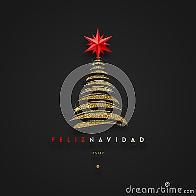 Feliz navidad - Christmas greetings in Spanish - abstract glitter gold christmas tree with red star. Vector Illustration