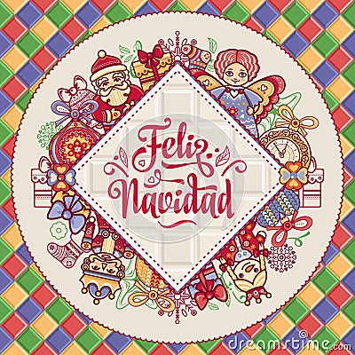 Feliz navidad. Greeting card in Spain. Xmas festive background. Colorful image. Vector Illustration