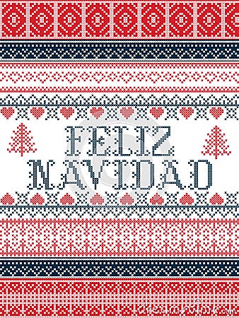 Feliz Navidad Nordic style vector seamless Christmas patterns inspired by Scandinavian Christmas, festive winter in cross stitch Vector Illustration