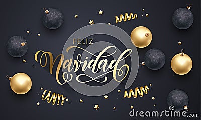 Feliz Navidad Spanish Merry Christmas golden decoration, hand drawn gold calligraphy font for greeting card black background. Vect Vector Illustration