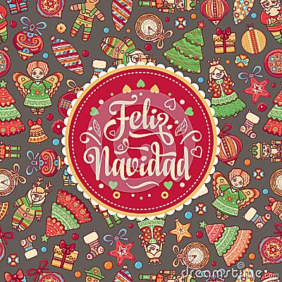 Feliz navidad. Xmas card on Spanish language. Vector Illustration