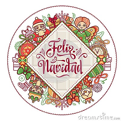 Feliz navidad. Xmas card on Spanish language. Vector Illustration