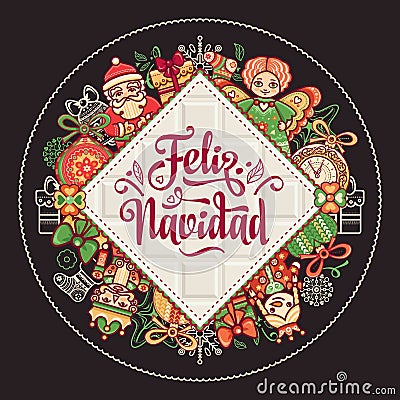 Feliz navidad. Xmas card on Spanish language. Vector Illustration