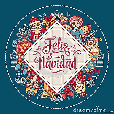 Feliz navidad. Xmas card on Spanish language. Vector Illustration