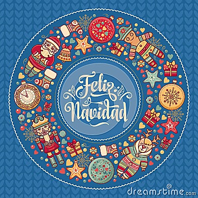 Feliz navidad. Xmas card on Spanish language. Warm wishes for happy holidays Vector Illustration