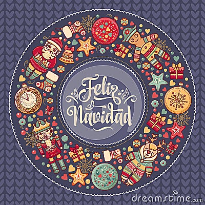 Feliz navidad. Xmas card on Spanish language. Warm wishes for happy holidays Vector Illustration