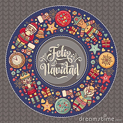 Feliz navidad. Xmas card on Spanish language. Warm wishes for happy holidays Vector Illustration