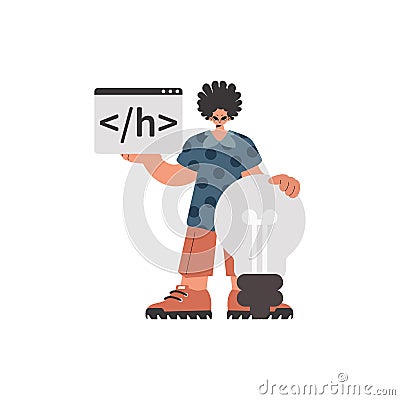 The fellow is holding a browser window with a programming image, and is additionally standing close a huge light bulb Vector Illustration