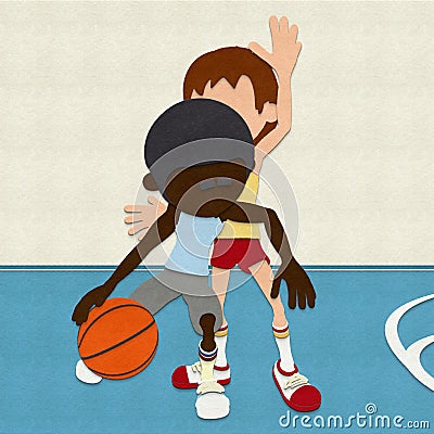 Felt Basketball Players Competing On Court Cartoon Illustration