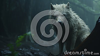 Mysterious White Wolf In Rain A Cinematic Rendering Stock Photo