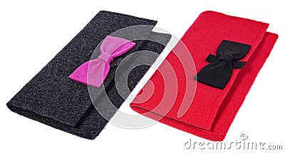 A felt, textile ladies handbags, handmade purses with bows in the color black Stock Photo