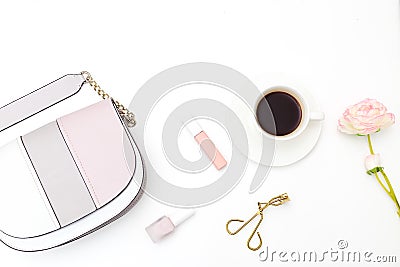 Female accessories, make up on a white background. Coffee break Stock Photo