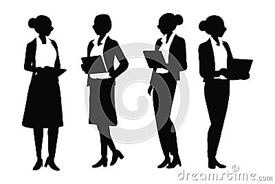 Female accountants with anonymous faces on a white background. Female businessman silhouette set vector standing with tablets. Stock Photo