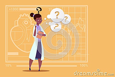 Female African American Doctor Confused Thinking Medical Clinics Worker Hospital Vector Illustration