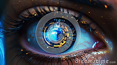 Female android robot eye close up. Digital iris of cyber woman. Bionic technology concept. Generative AI Stock Photo