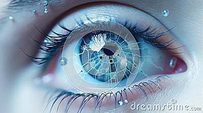 Female android robot eye close up. Digital iris of cyber woman. Bionic technology concept. Generative AI Stock Photo