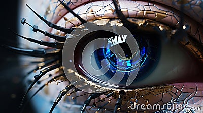 Female android robot eye close up. Digital iris of cyber woman. Bionic technology concept. Generative AI Stock Photo