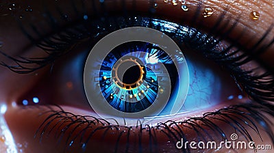 Female android robot eye close up. Digital iris of cyber woman. Bionic technology concept. Generative AI Stock Photo