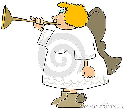 Female Angel Blowing A Brass Horn Cartoon Illustration