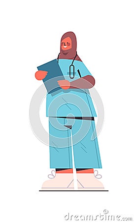 Female arab doctor in uniform holding clipboard healthcare medicine concept Vector Illustration