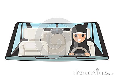 Female arab driver vehicle interior car wheel ride driving isolated flat design vector illustration Vector Illustration