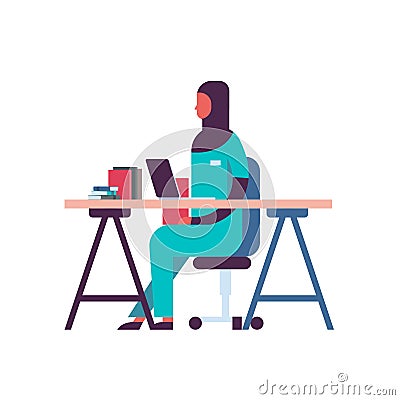 Female arabic scientist working laboratory doing research arab woman history of disease stack doctor workplace Vector Illustration