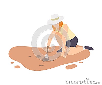 Female Archaeologist Sitting on Ground and Sweeping Dirt from Ceramic Crocks Using Brush, Paleontology Scientist Vector Illustration