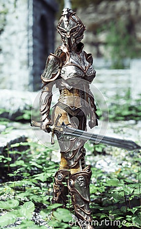Female armored knight with sword on patrol. Stock Photo