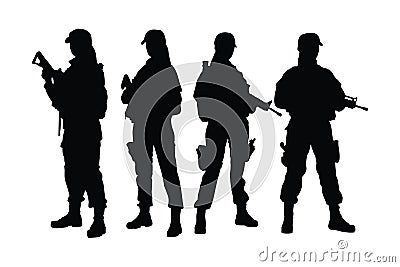 Female army soldiers standing with weapons silhouette set vector. Anonymous female infantry without faces standing in different Vector Illustration