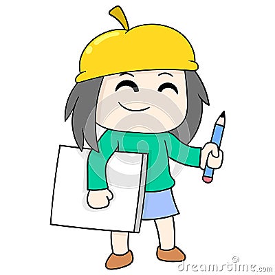 Female artist brings canvas and pencil to draw nature, doodle icon image kawaii Vector Illustration