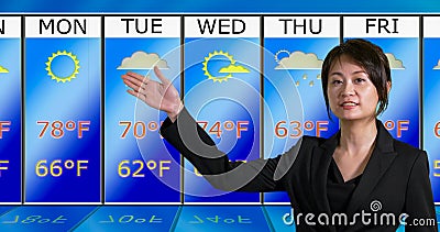 Asian American meteorologist reporting weather Stock Photo