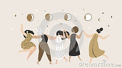 Female Astrological Festival Space.Women Astrologists Dancing under Moon Phases. Ritual dance together.Esoterics Sacred Woman Stock Photo