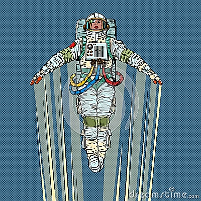 A female astronaut is flying upwards at high speed, like a rocket or an airplane. She opened her hands, followed by a Vector Illustration