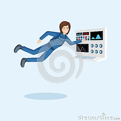 Female astronaut training flat illustration. Cosmonaut floating in zero gravity, pressing button on spaceship control Vector Illustration