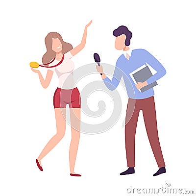 Female Athlete Character with Cold Medal Giving an Interview to Male Journalist with Microphone at Press Conference Vector Illustration