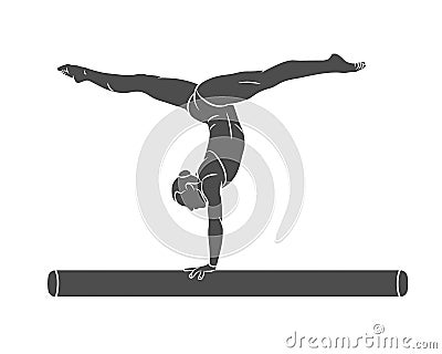 Female athlete doing a complicated exciting trick on gymnastics balance beam Vector Illustration