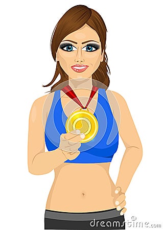Female athlete showing her gold medal Vector Illustration