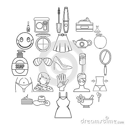 Female attributes icons set, outline style Vector Illustration