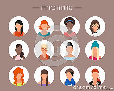 Female avatar icons vector set. People characters Vector Illustration