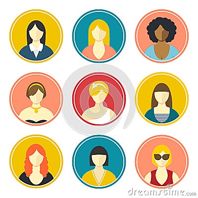 Female avatars. Flat design vector icons set on white background Vector Illustration
