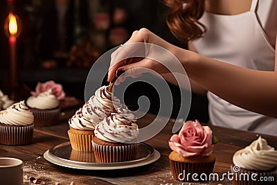Female baker decorating cupcake. Generate Ai Stock Photo